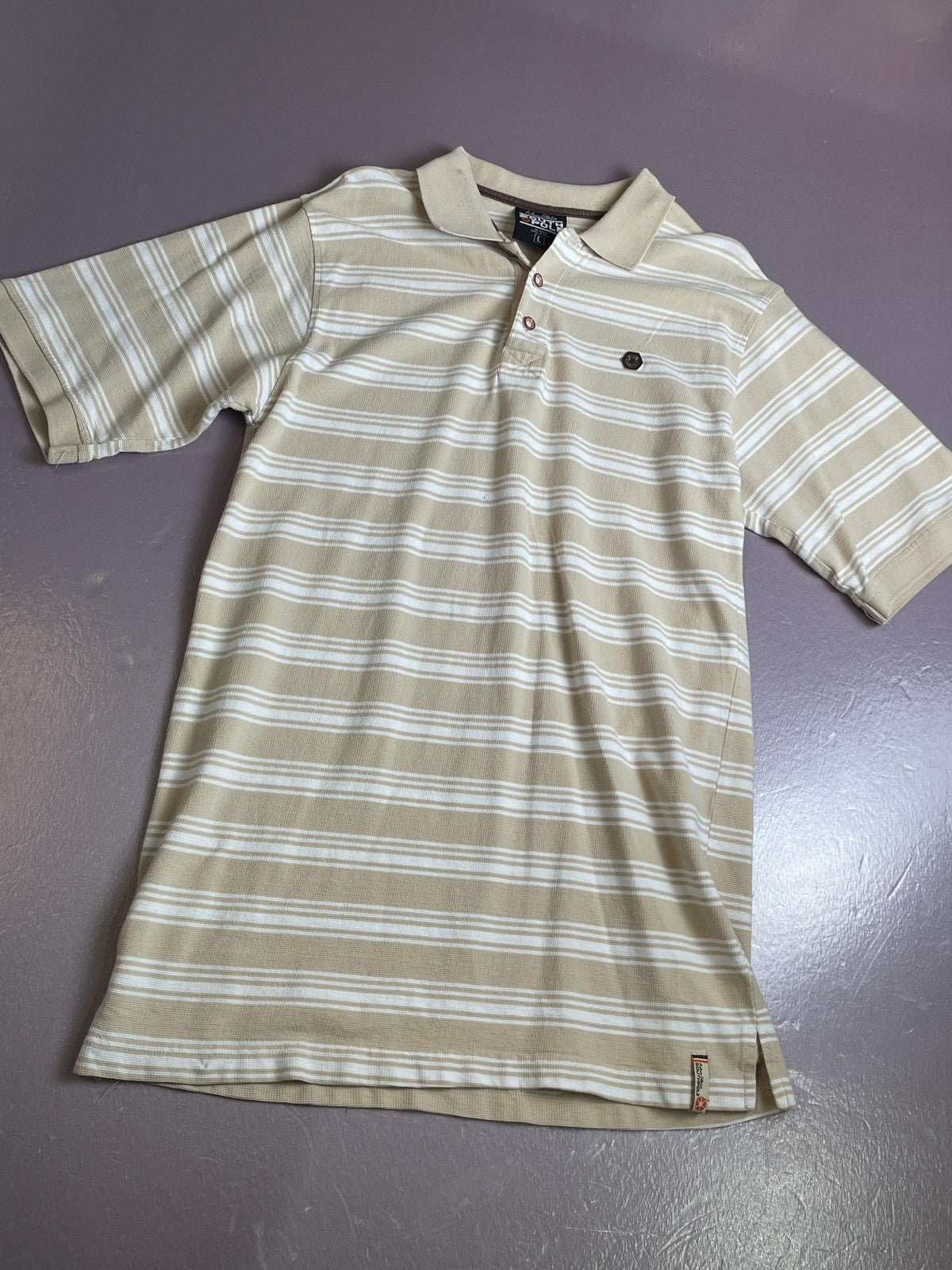 Southpole Polo Shirt Mens Large Tan White Stripe Short Sleeve Authentic Collared