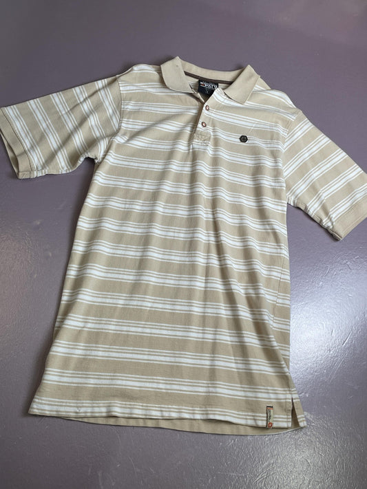 Southpole Polo Shirt Mens Large Tan White Stripe Short Sleeve Authentic Collared