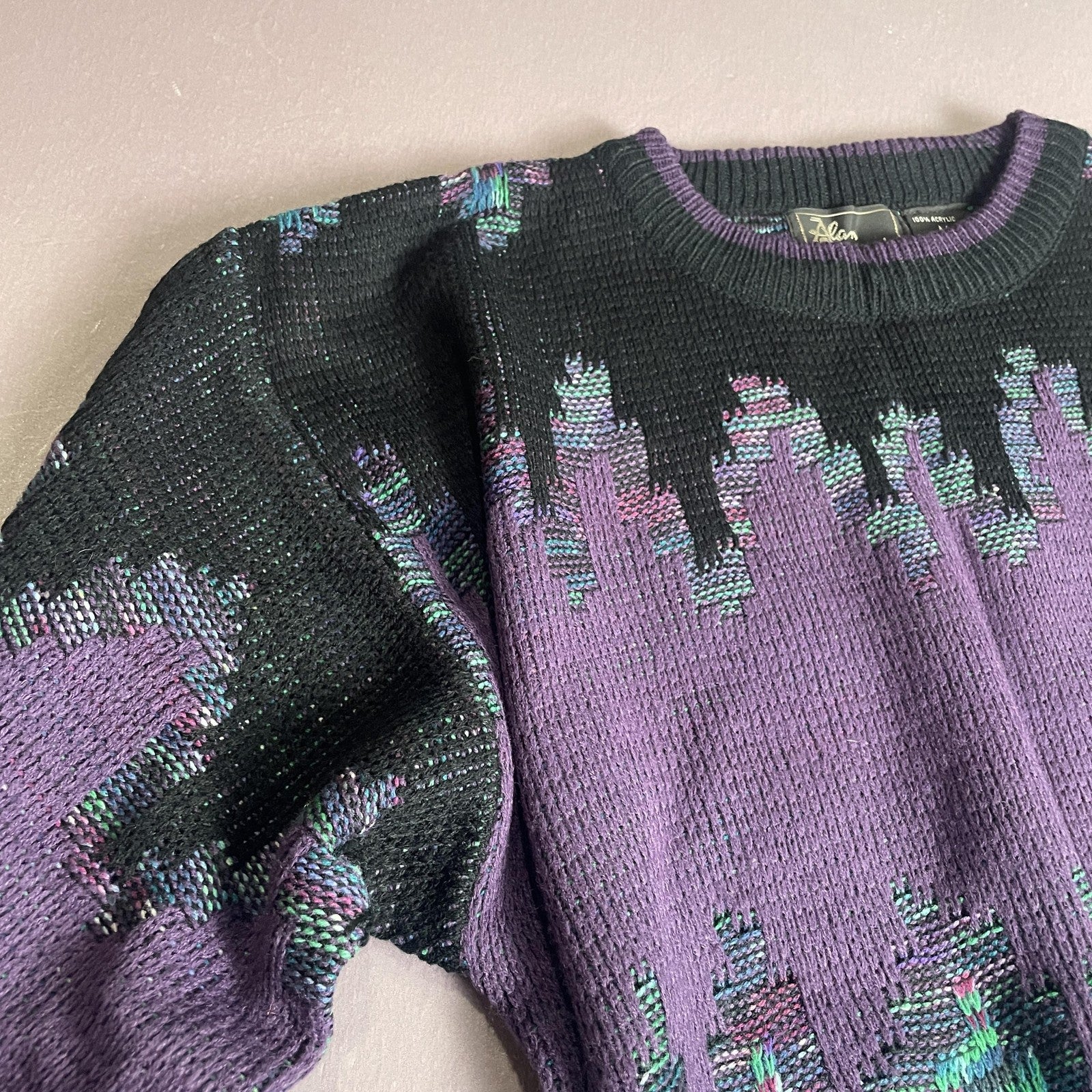 Vintage Alan Stuart Sweater Mens Medium Black Purple Abstract Textured Knit 80s