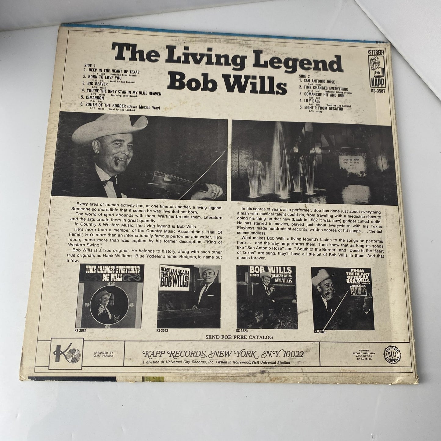 Vintage Bob Wills The Living Legend 12" Black Vinyl LP 1972 Kapp Western Swing