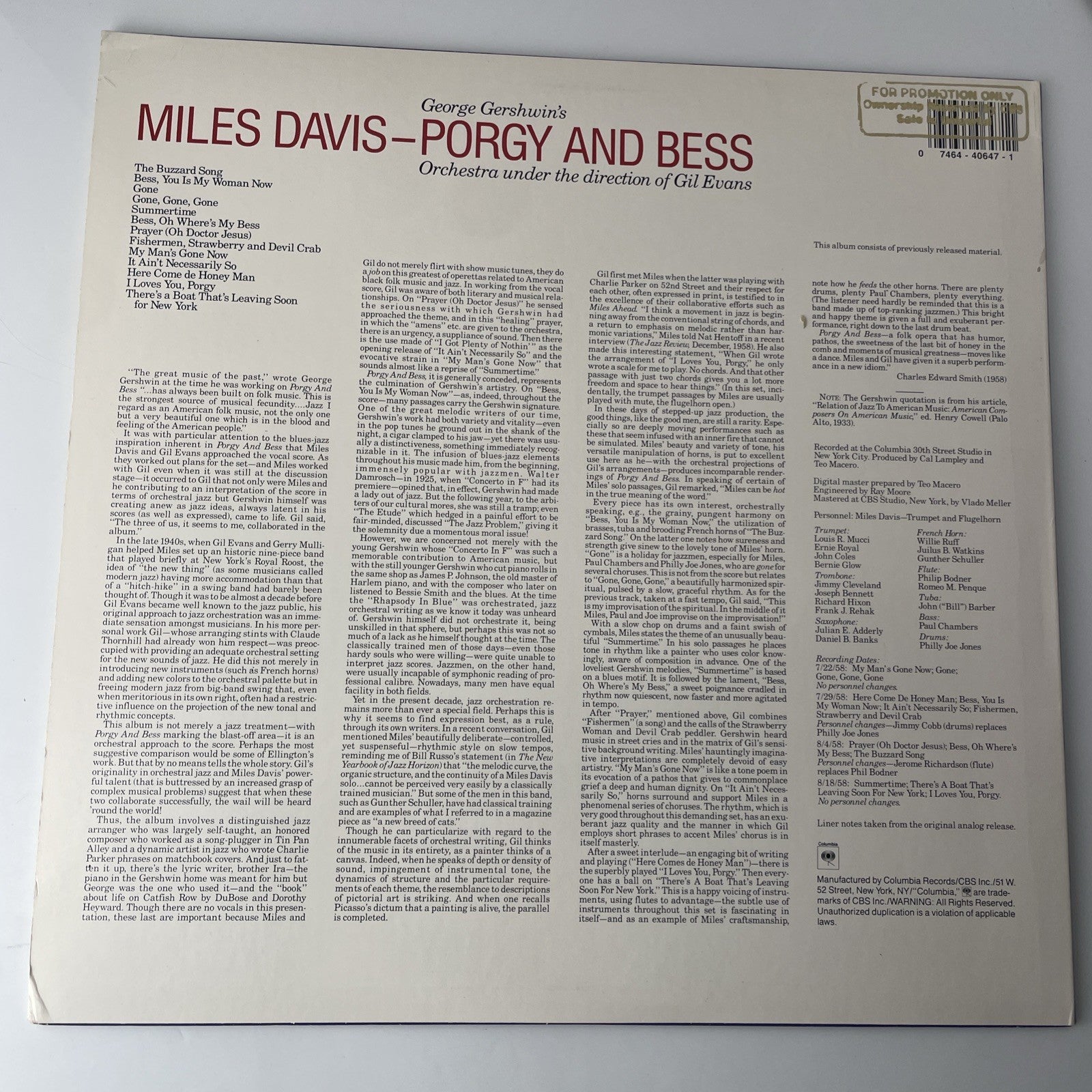 Miles Davis LP Porgy and Bess Gil Evans M-/M- Very Good W/ Columbia Jazz Poster