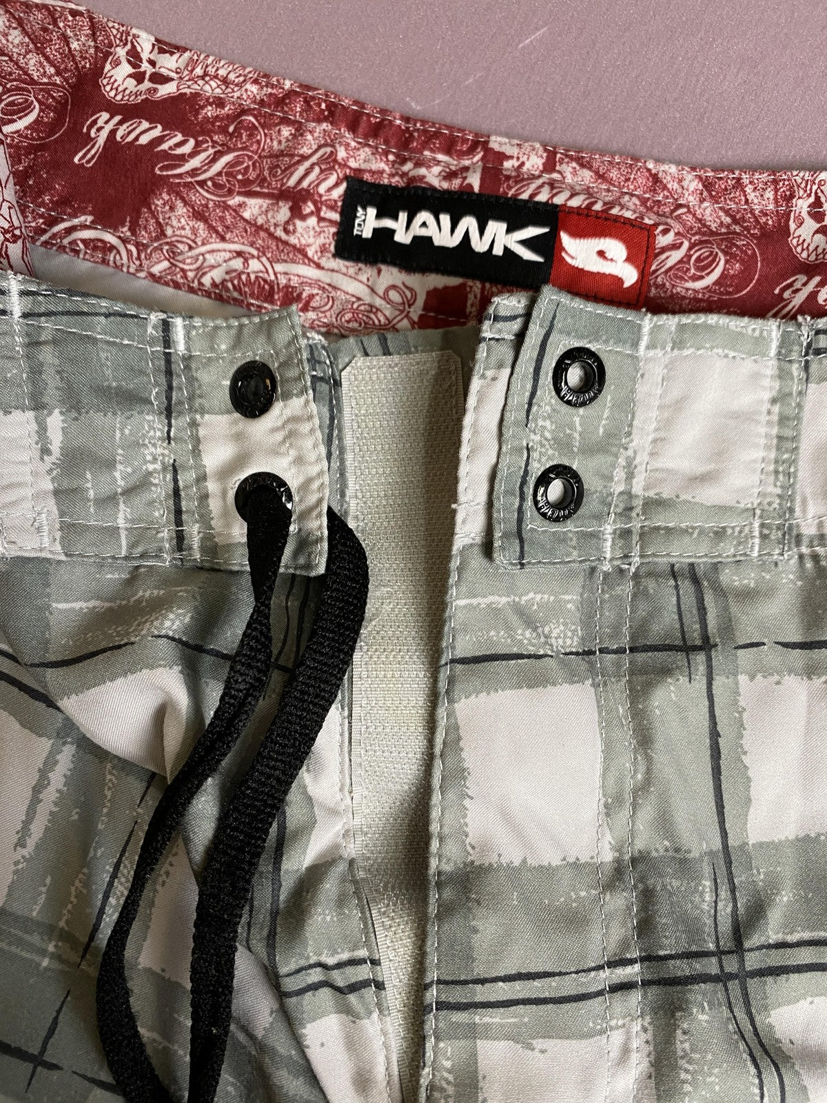 Tony Hawk Board Shorts Mens 30 Gray Plaid Skull Graphic Swim Trunks Skate Surf