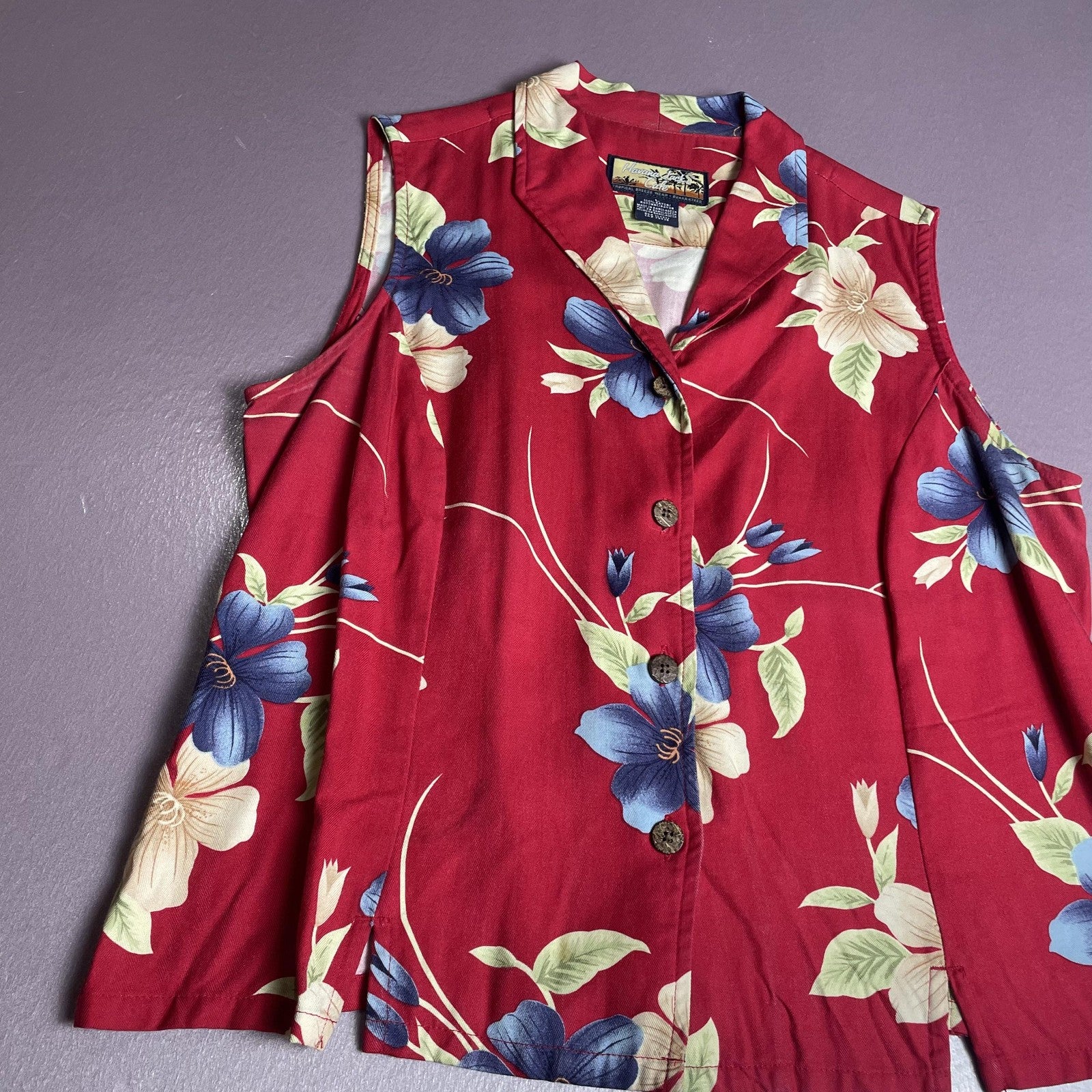 Havana Jacks Cafe Shirt Womens Large Red Sleeveless Floral Rayon Button Up Top