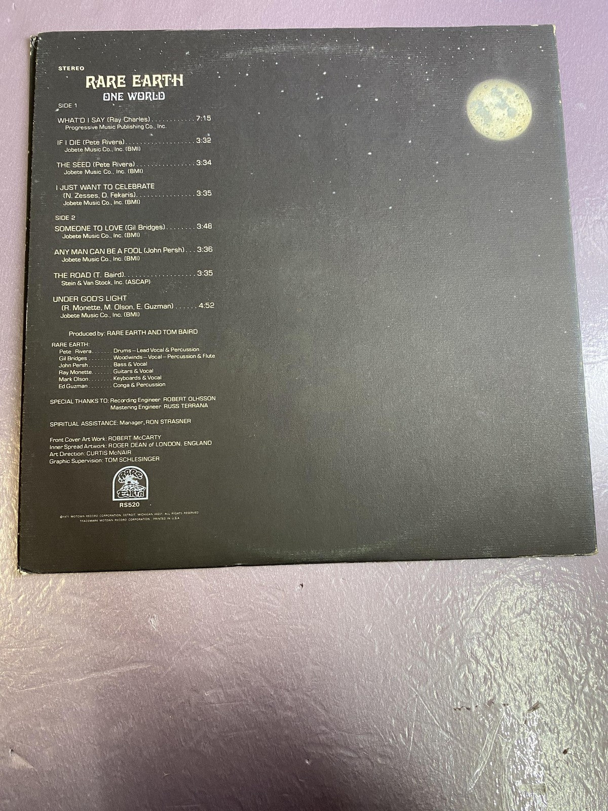 Vintage Rare Earth One World 12" Vinyl LP 1971 Ear RS-520 Psych Rock Album