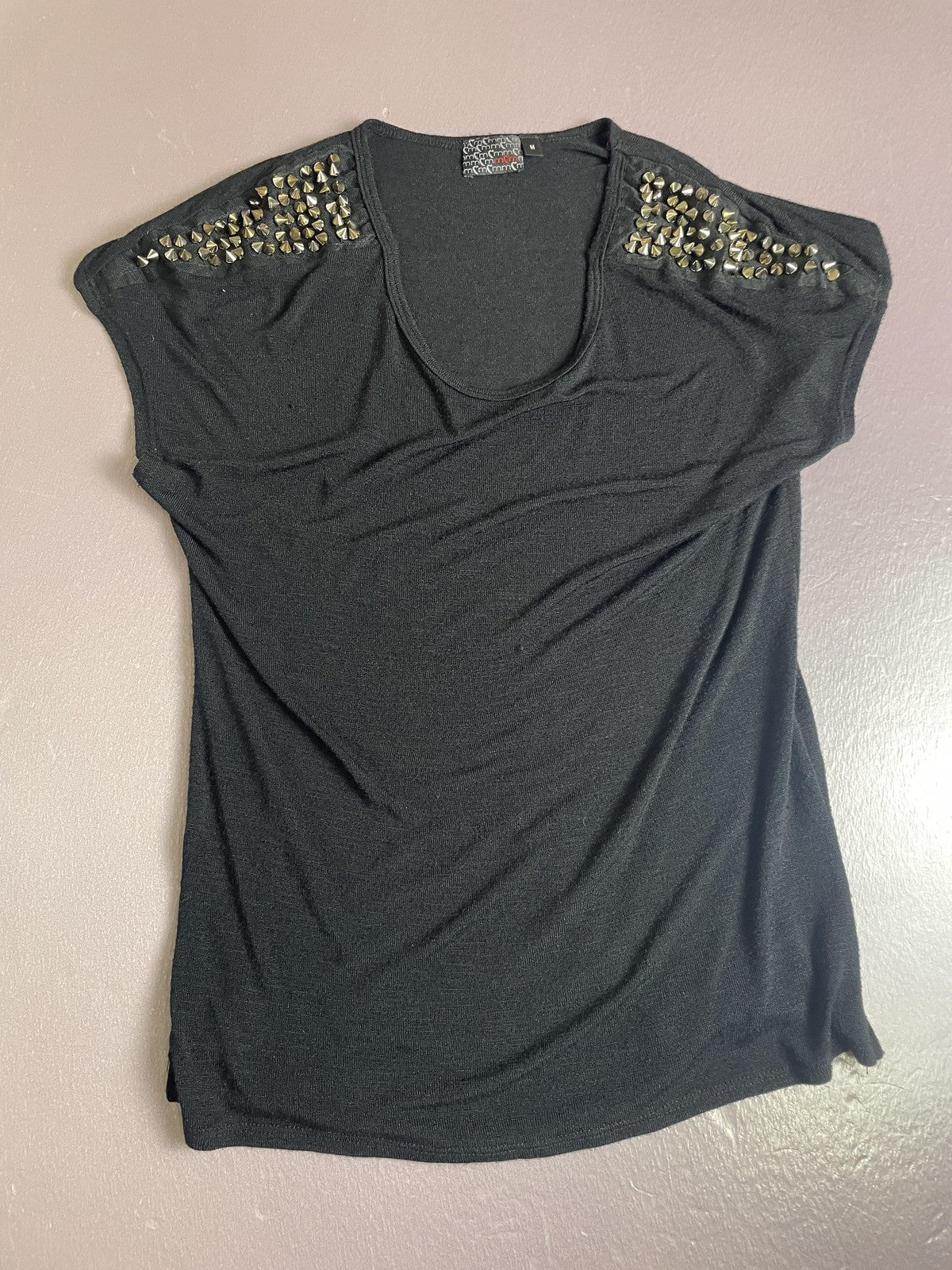 MM Couture Shirt Womens Medium Black Studded Shoulder Scoop Neck Top Cap Sleeve