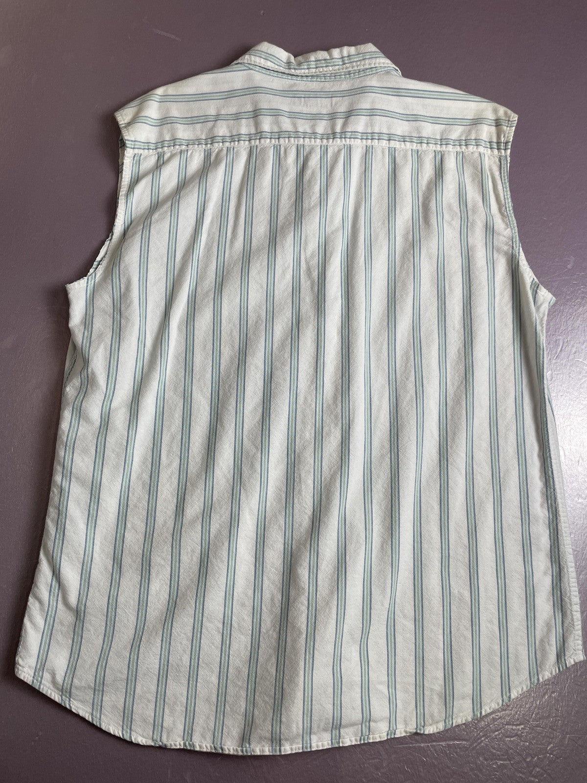 Machine Shirt Mens Large White Blue Green Stripe Sleeveless Button Down Cutoff