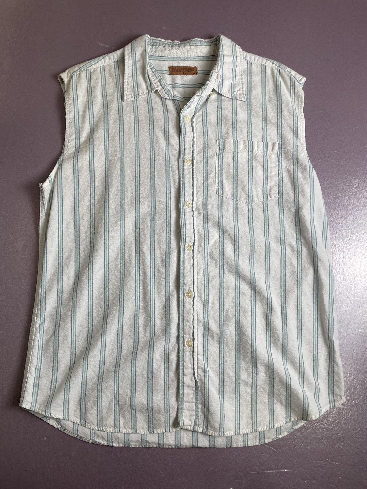 Machine Shirt Mens Large White Blue Green Stripe Sleeveless Button Down Cutoff