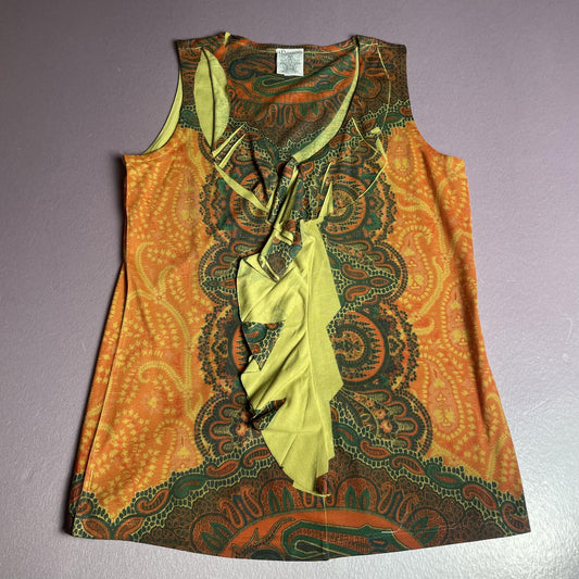 Ransom Tank Top Womens Medium Orange Green Paisley Ruffle Neck Sleeveless Boho