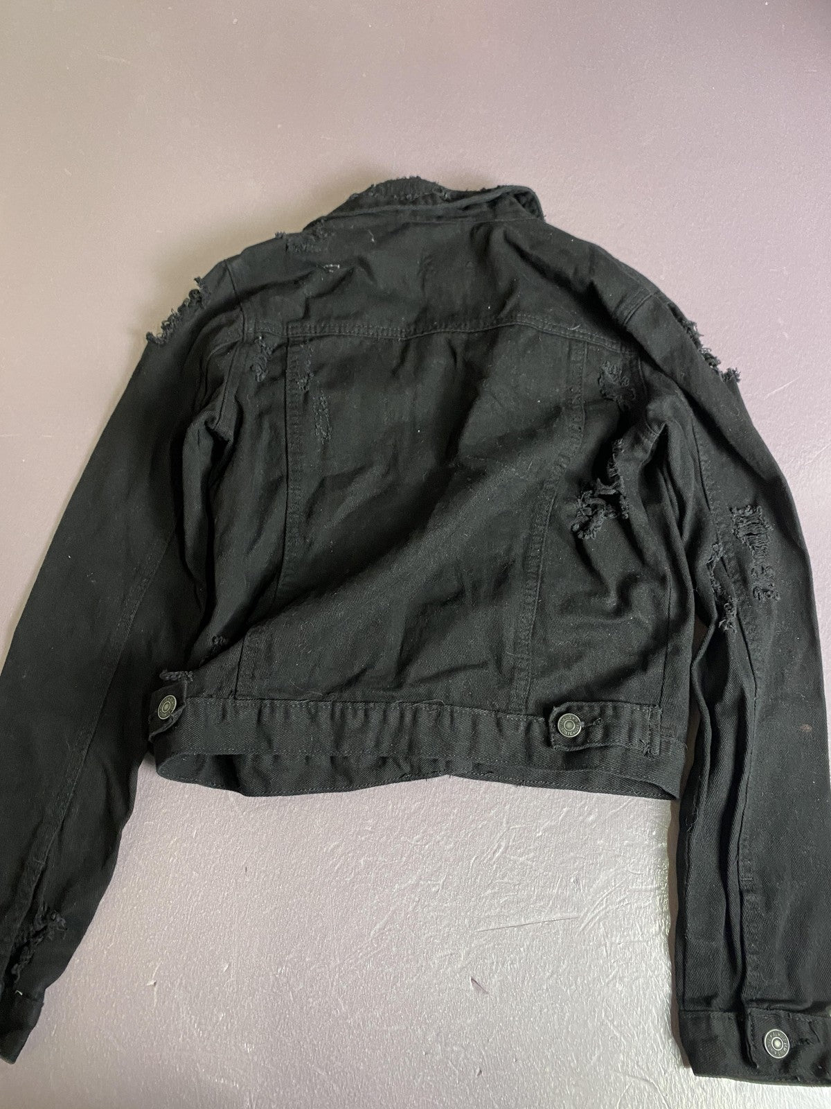 Almost Famous Denim Jacket Juniors Small Black Distressed Cropped Punk Grunge