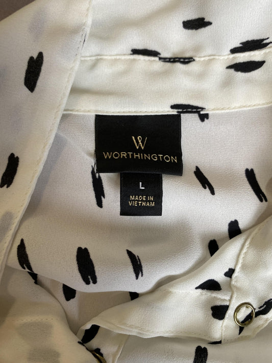 Worthington Shirt Womens Large White Black Polka Dot Button Front Long Sleeve