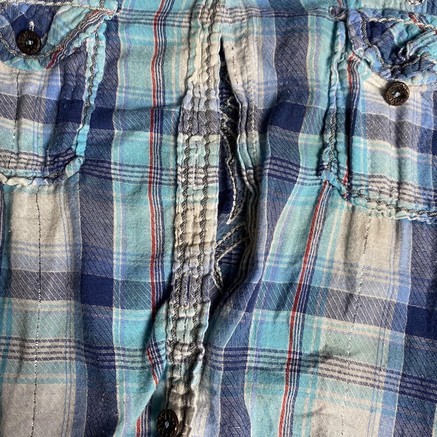 Roar Shirt Womens Small Blue Plaid Embroidered Western Snap Button Distressed