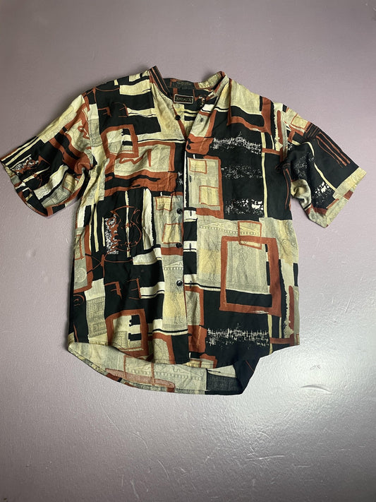 XSTATX Shirt Mens Large Black Tan Abstract Rayon Button Up Short Sleeve Camp