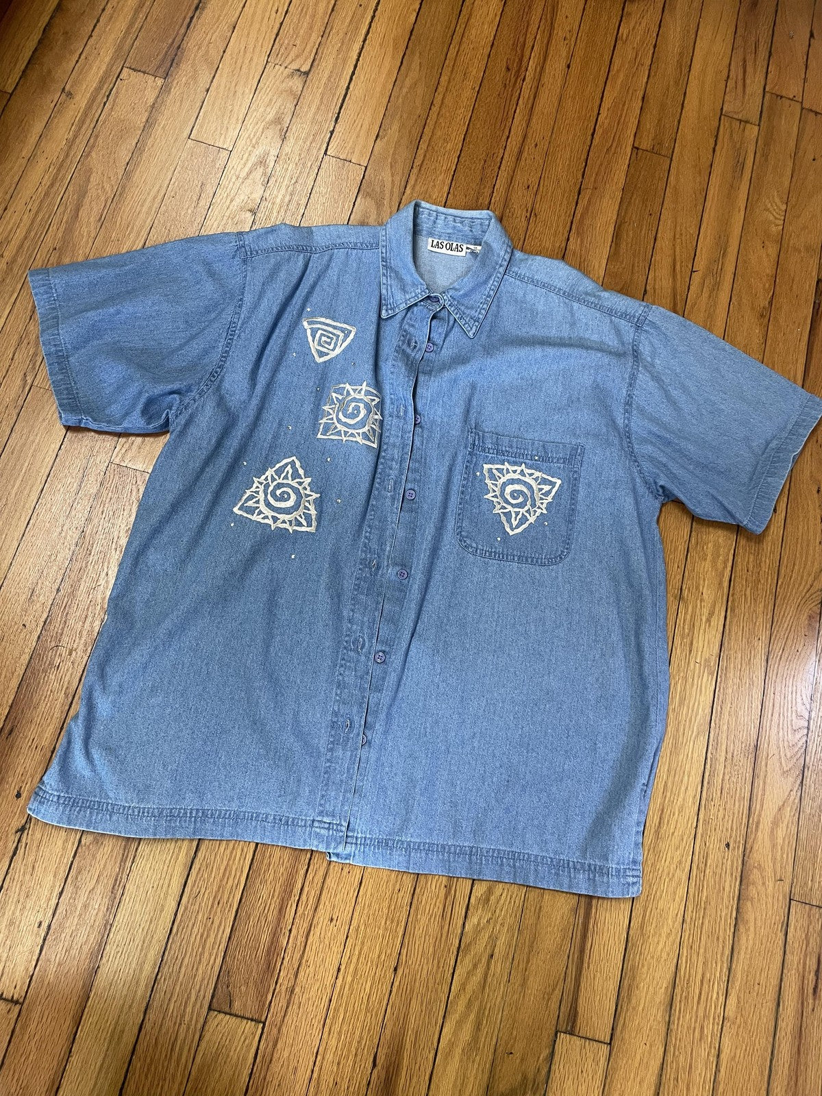 Las Olas Shirt Pants Set Womens 1X Blue Denim 2 Piece Cropped Aztec Sun Print