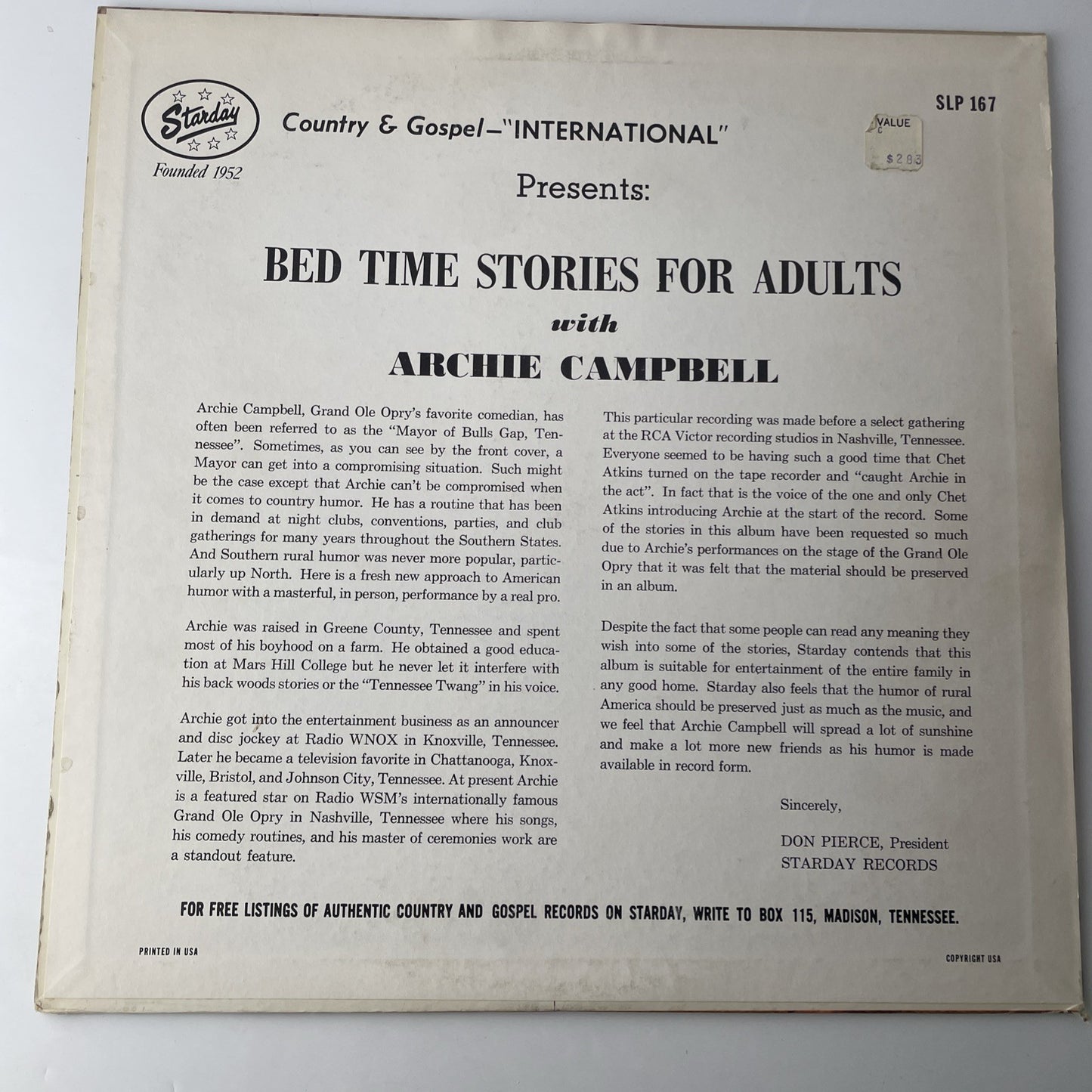 Archie Campbell LP ~ Bedtime Stories For Adults~ Starday SLP 167 Vinyl