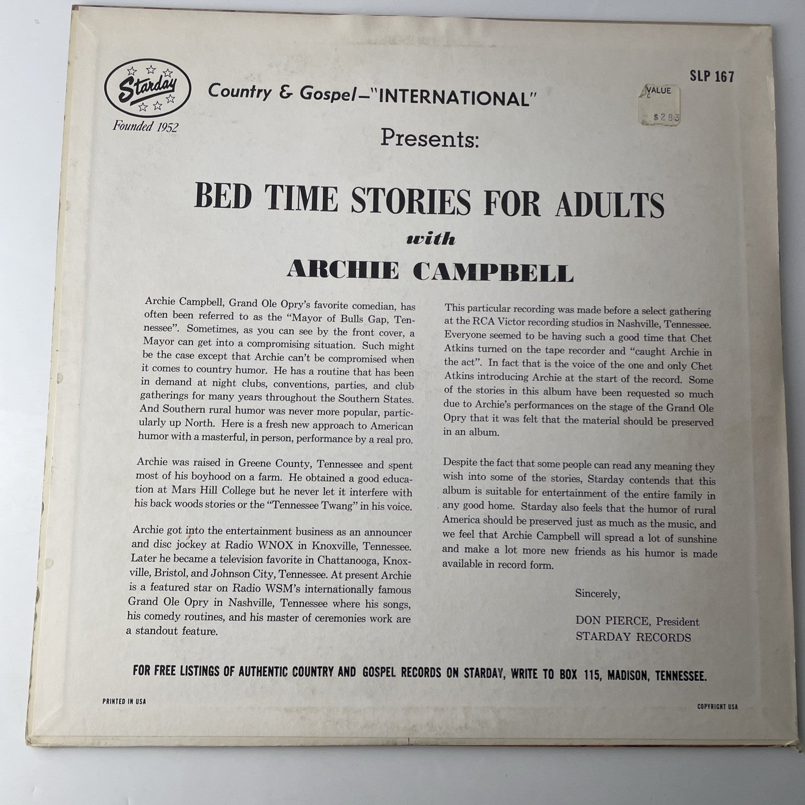 Archie Campbell LP ~ Bedtime Stories For Adults~ Starday SLP 167 Vinyl
