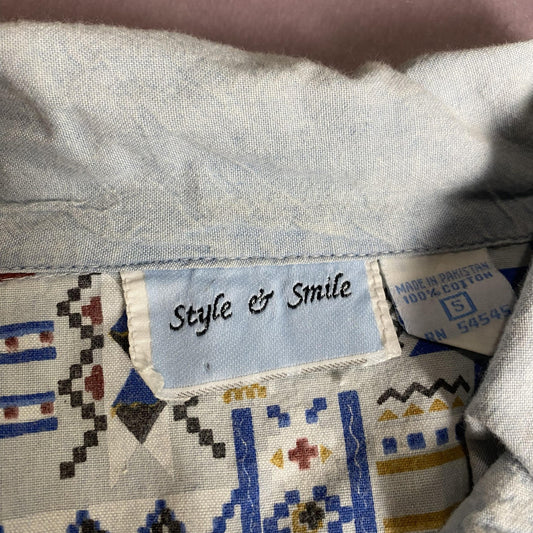 Style & Smile Shirt Womens Small Blue Short Sleeve Tie Front Southwestern Top