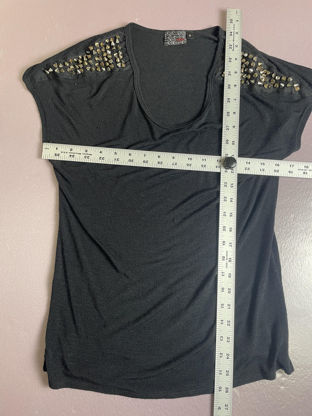 MM Couture Shirt Womens Medium Black Studded Shoulder Scoop Neck Top Cap Sleeve
