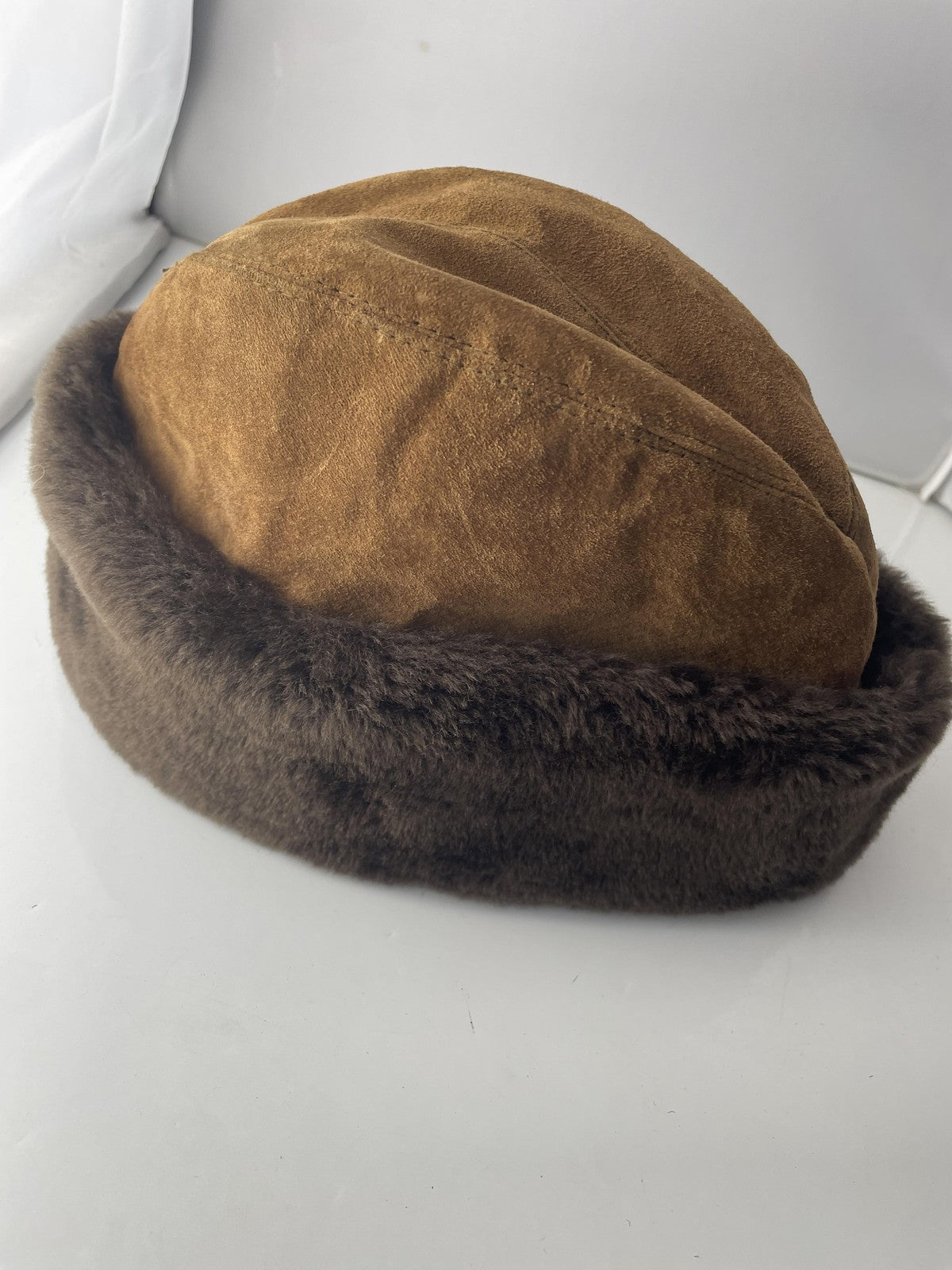 Suede Hat Cossack Fitted Mens Large Brown Faux Fur Made in USA Quilted Lining