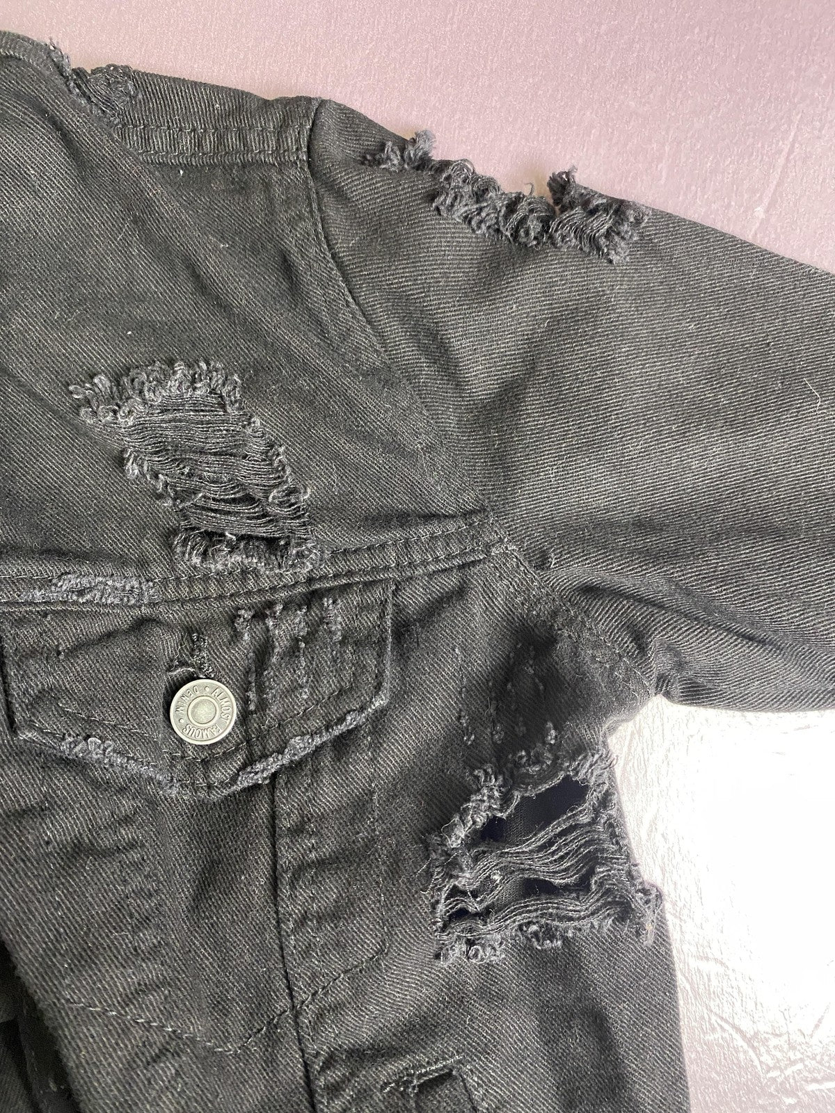 Almost Famous Denim Jacket Juniors Small Black Distressed Cropped Punk Grunge