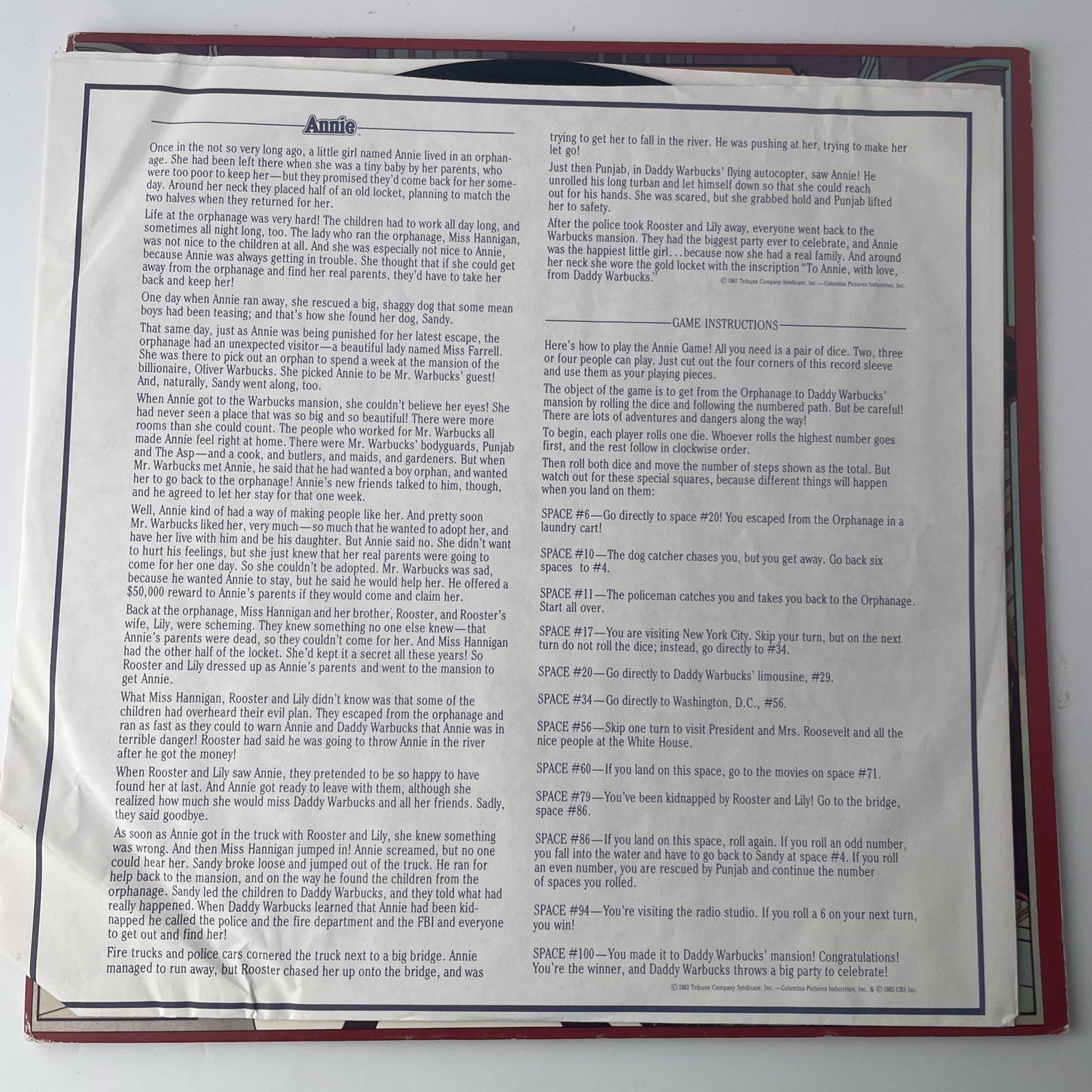 Annie Soundtrack Vinyl Record Gatefold LP 1982 Columbia Story Game Board VG