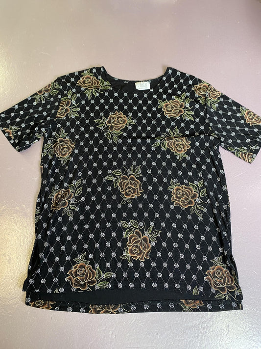 Jostar Shirt Womens Medium Black Rose Floral Tunic Top Short Sleeve Made USA
