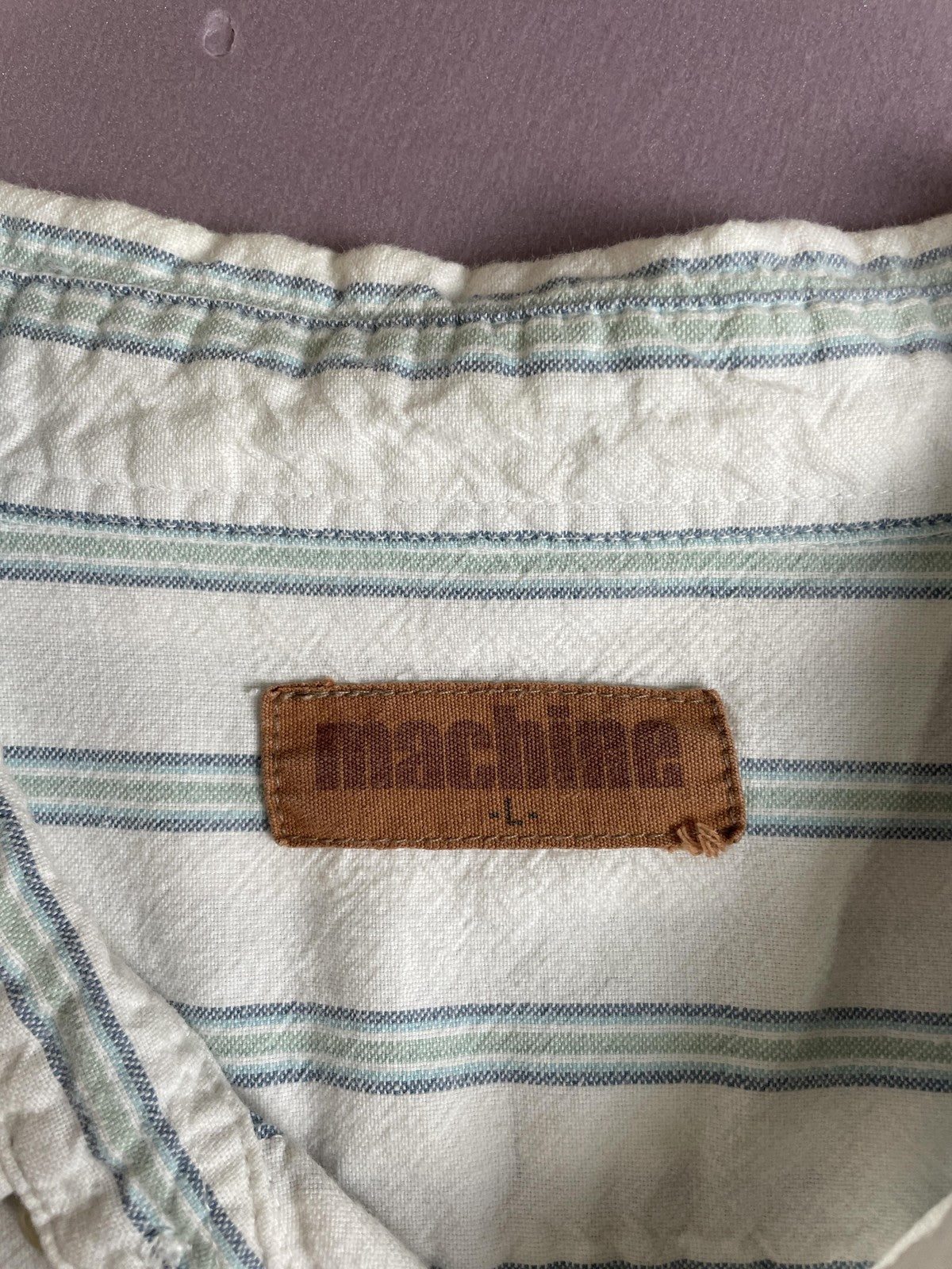 Machine Shirt Mens Large White Blue Green Stripe Sleeveless Button Down Cutoff