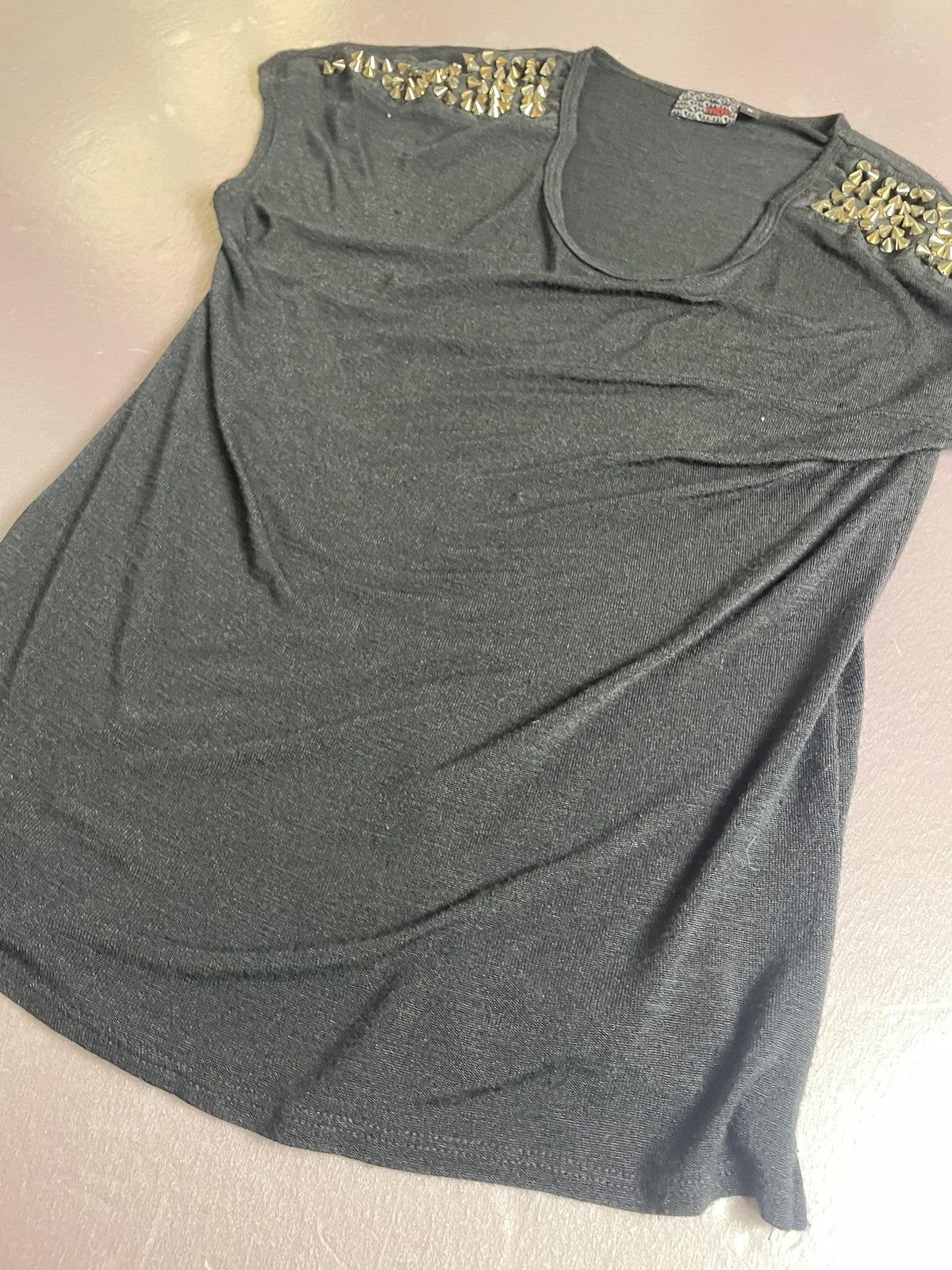 MM Couture Shirt Womens Medium Black Studded Shoulder Scoop Neck Top Cap Sleeve