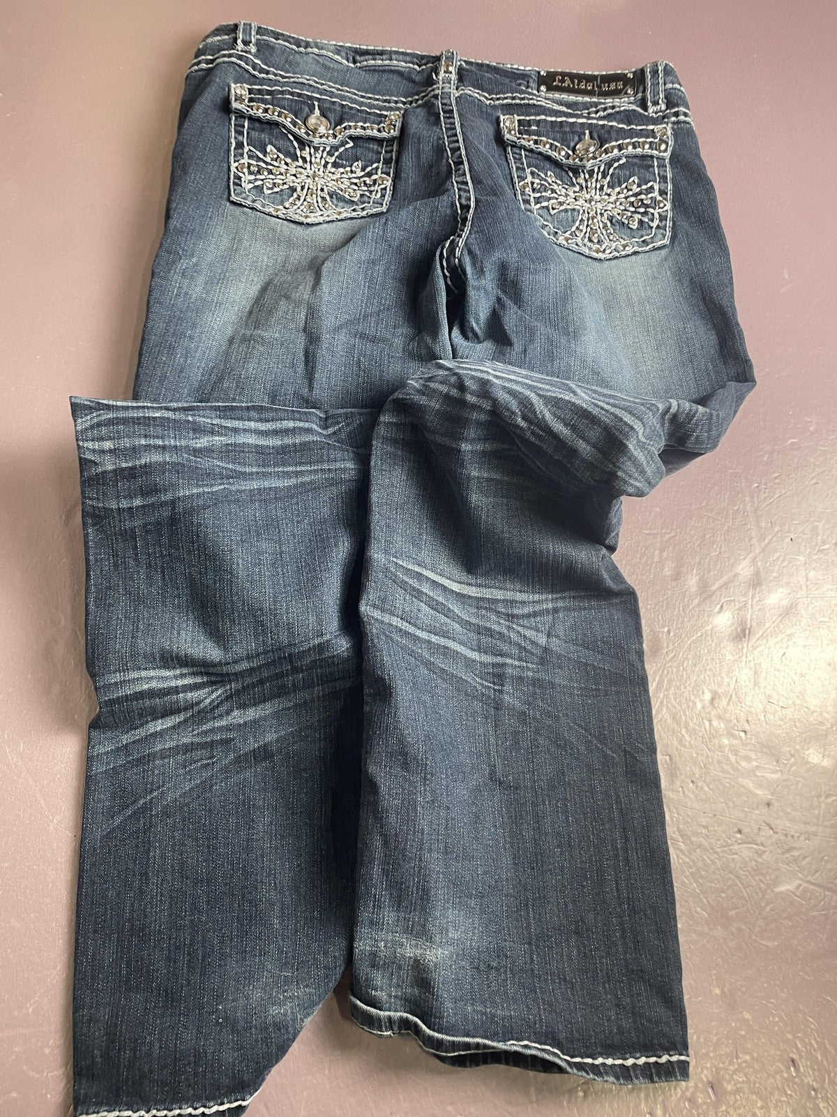 LA Idol Jeans Juniors 19 Blue High Rise Bootcut Embroidered Rhinestone Denim