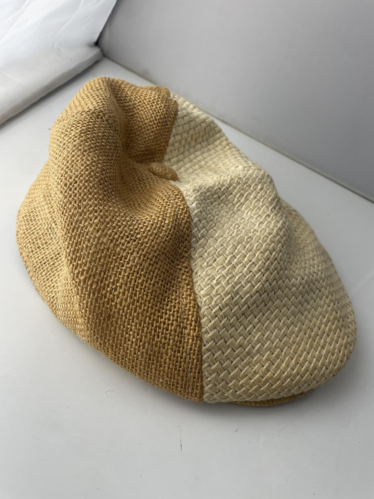 Block Headwear Hat Newsboy Fitted Mens Large Beige Two Tone Straw Woven Ivy