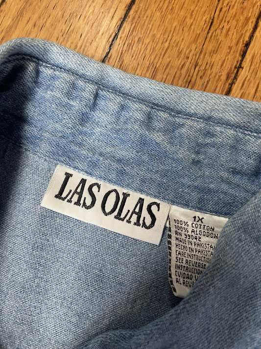 Las Olas Shirt Pants Set Womens 1X Blue Denim 2 Piece Cropped Aztec Sun Print