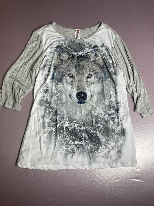 Wolf Shirt Womens Large Gray White Rhinestone Embellished Graphic 3/4 Sleeve