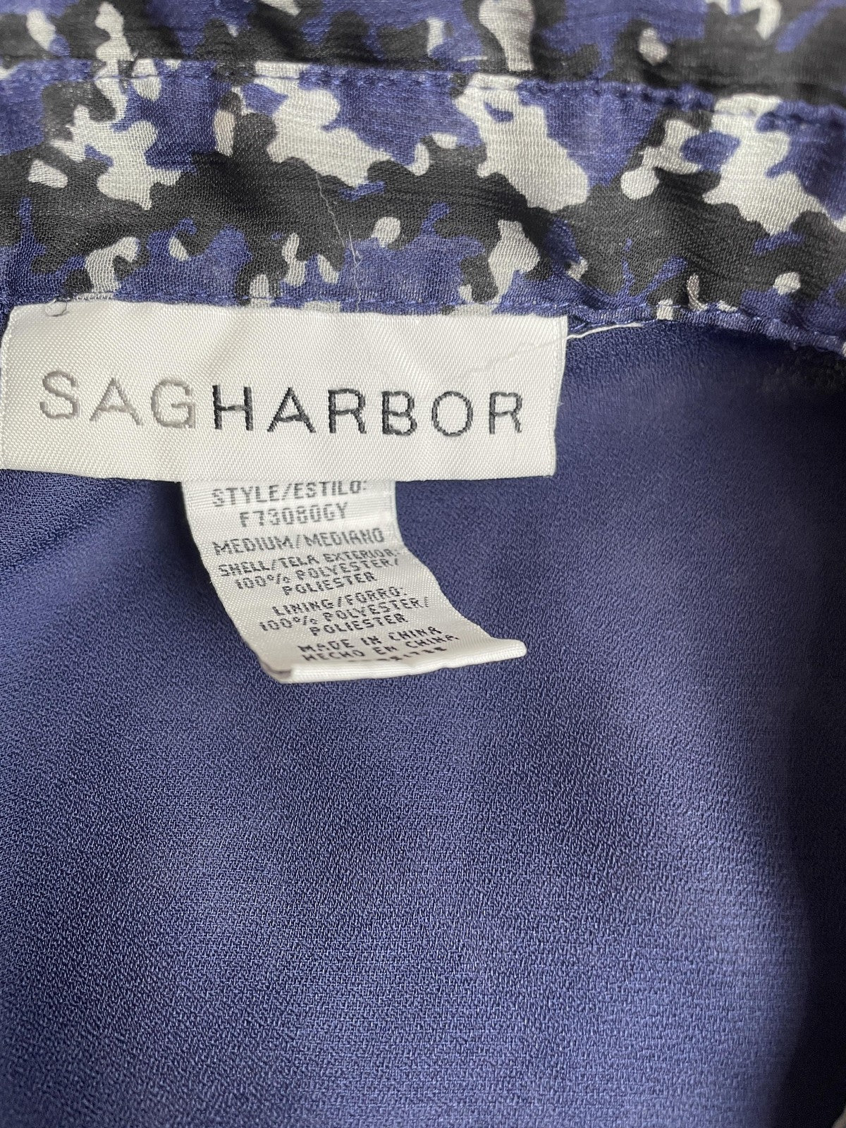 Sag Harbor Shirt Womens Medium Blue Black Abstract Print Button Front Lined Top
