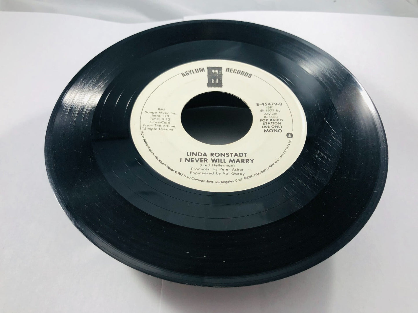 LINDA RONSTADT 7" 45 RPM "I Never Will Marry" Promo Copy G+ condition DJ vintag
