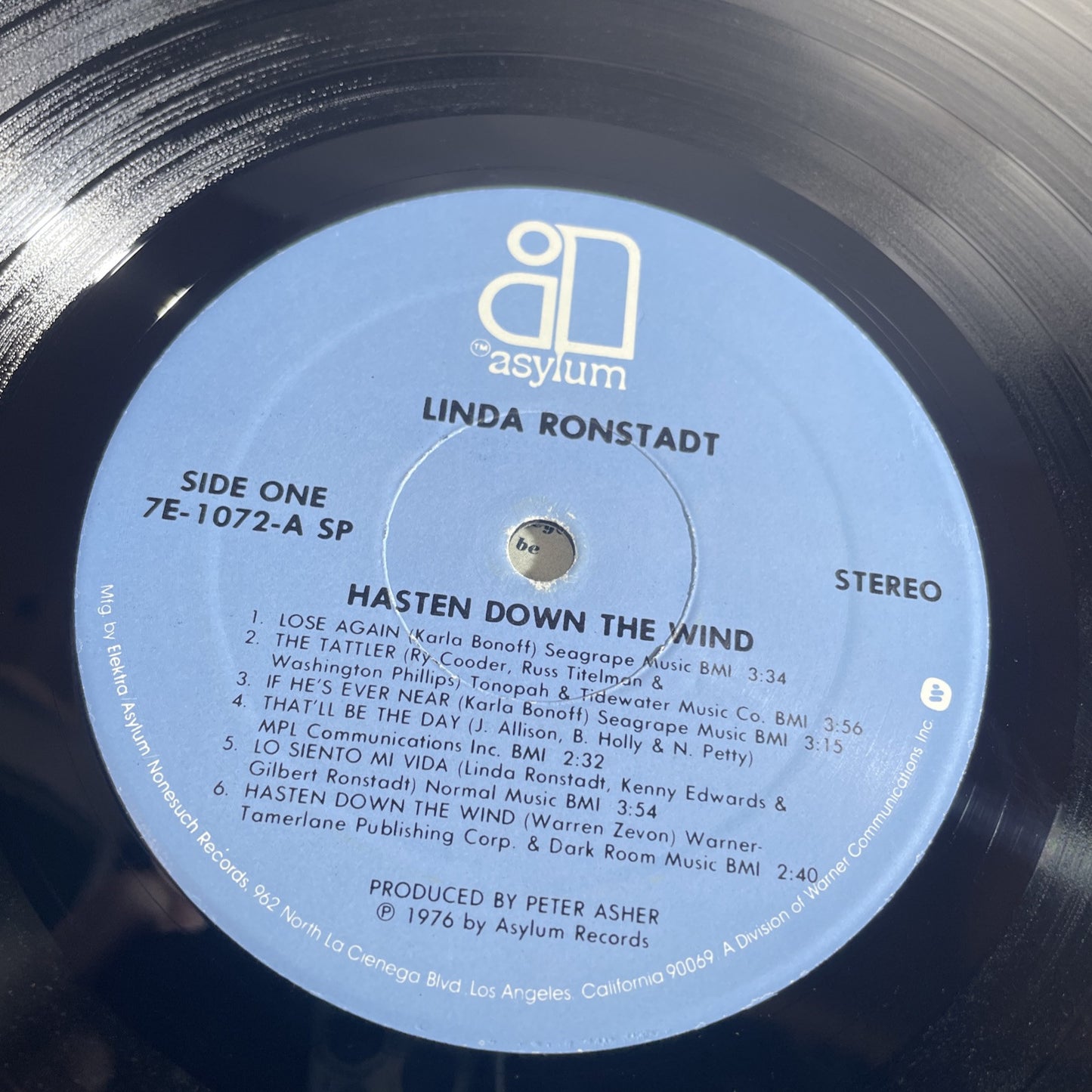 Linda Ronstadt Hasten Down The Wind Vinyl Record LP Asylum Records 7E-1072B