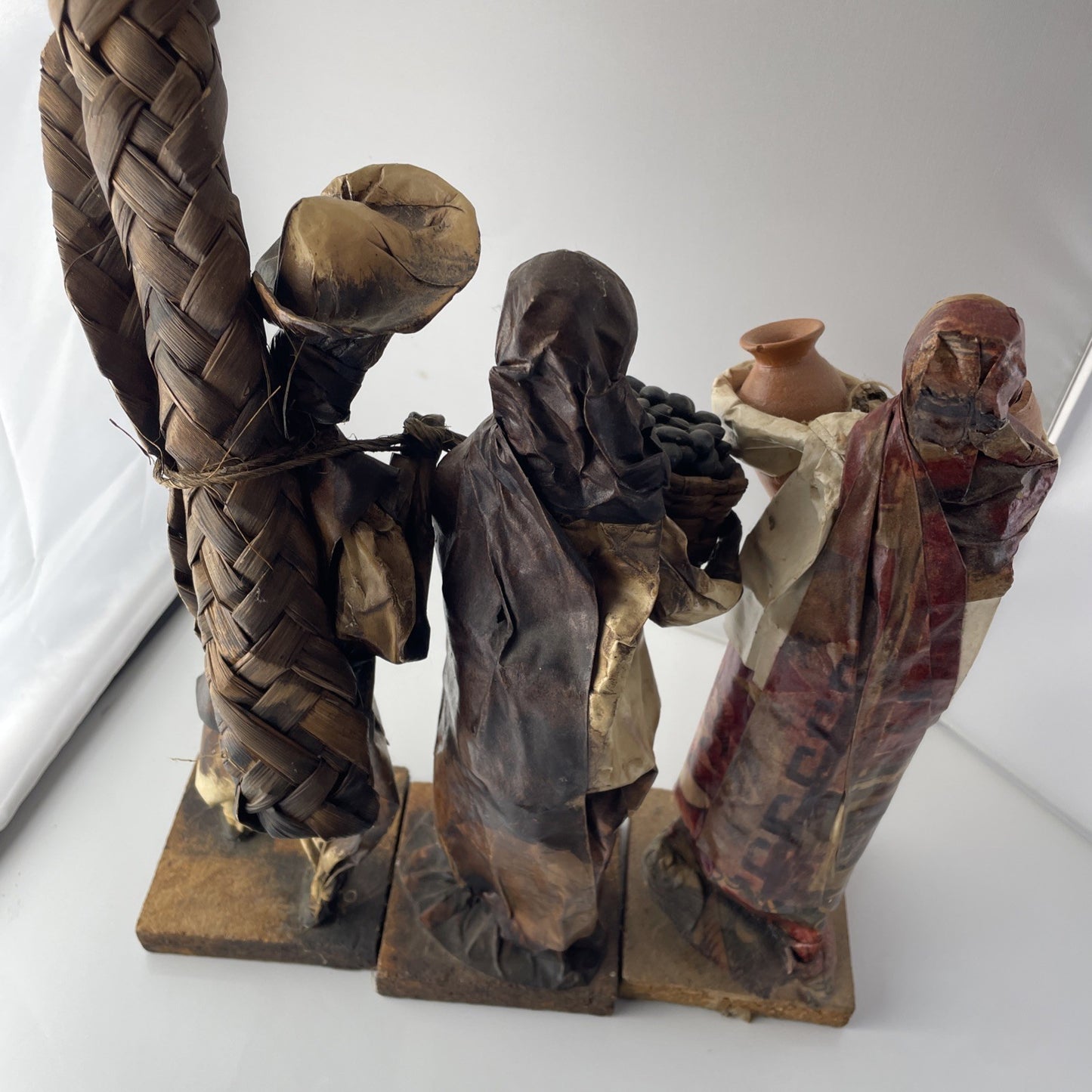 Vintage Hispanic Folk Art Paper Mache Figurines, Set Of 3 Unique 12” Tall