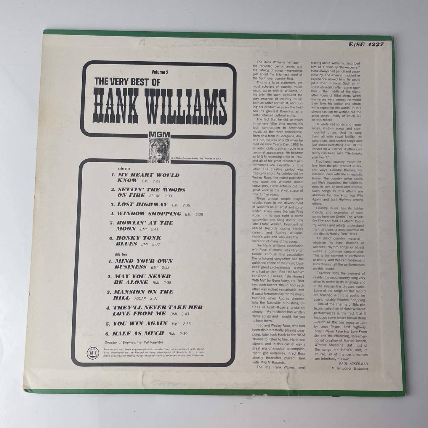 Hank Williams Vinyl LP, MGM Records, 1964, E-4227, The Very Best of... Vol. 2~VG
