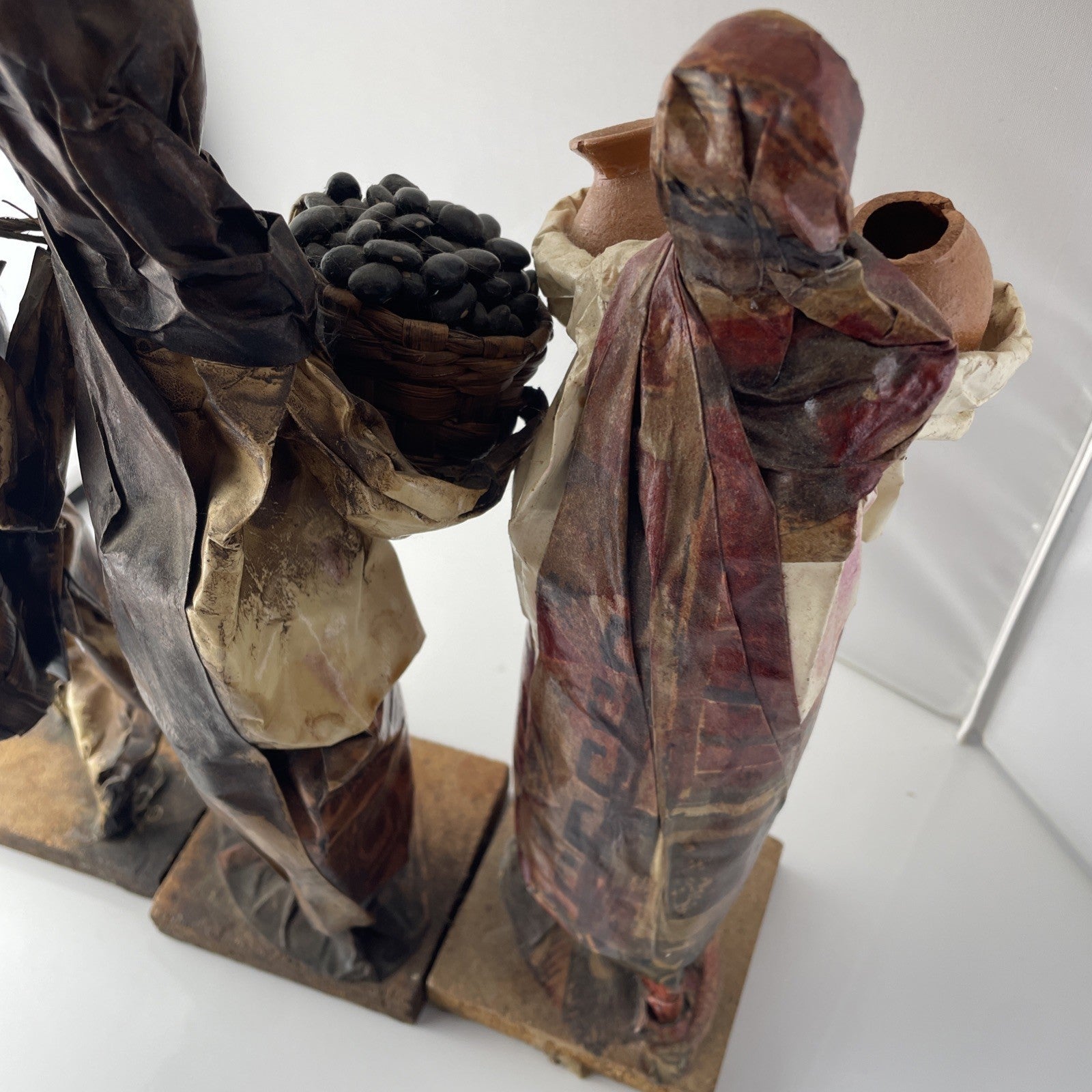 Vintage Hispanic Folk Art Paper Mache Figurines, Set Of 3 Unique 12” Tall