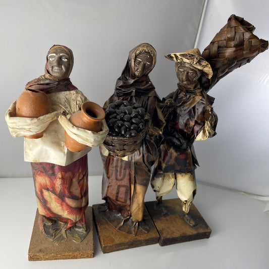 Vintage Hispanic Folk Art Paper Mache Figurines, Set Of 3 Unique 12” Tall