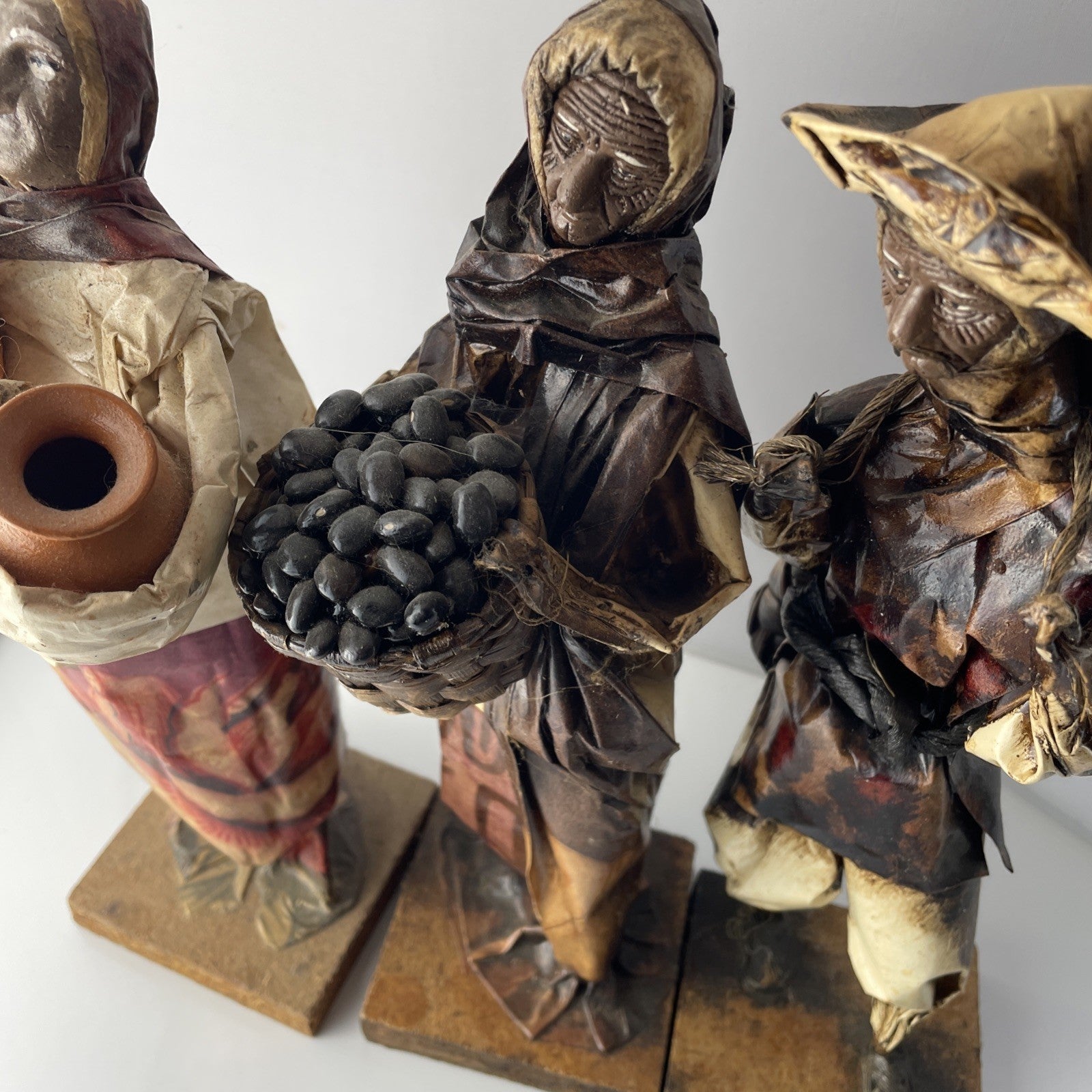 Vintage Hispanic Folk Art Paper Mache Figurines, Set Of 3 Unique 12” Tall