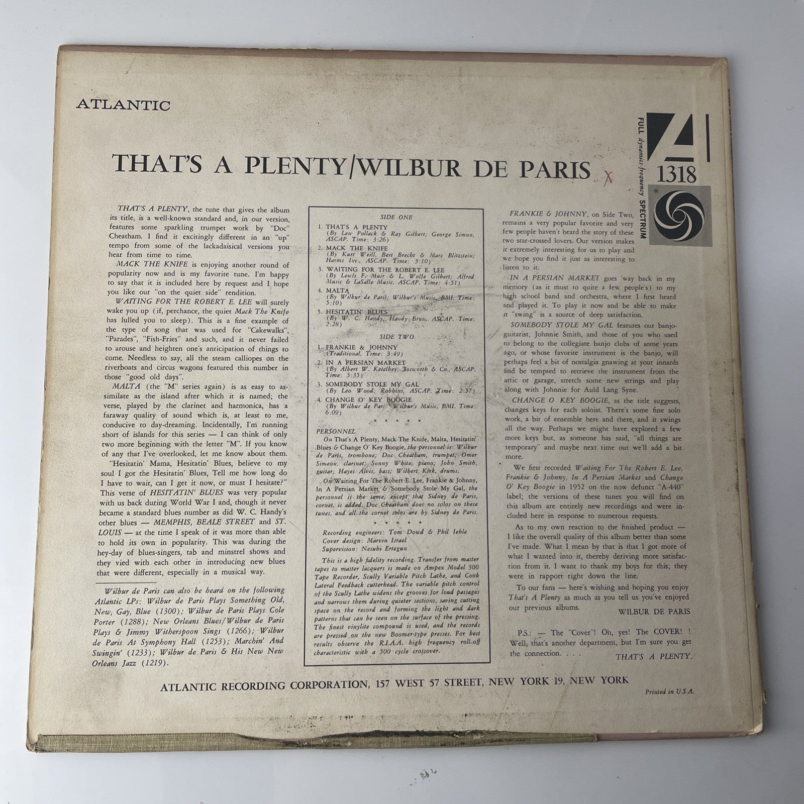 Wilbur De Paris That's A Plenty LP Atlantic 1318 VG 1960 US pressing Rare Scarce