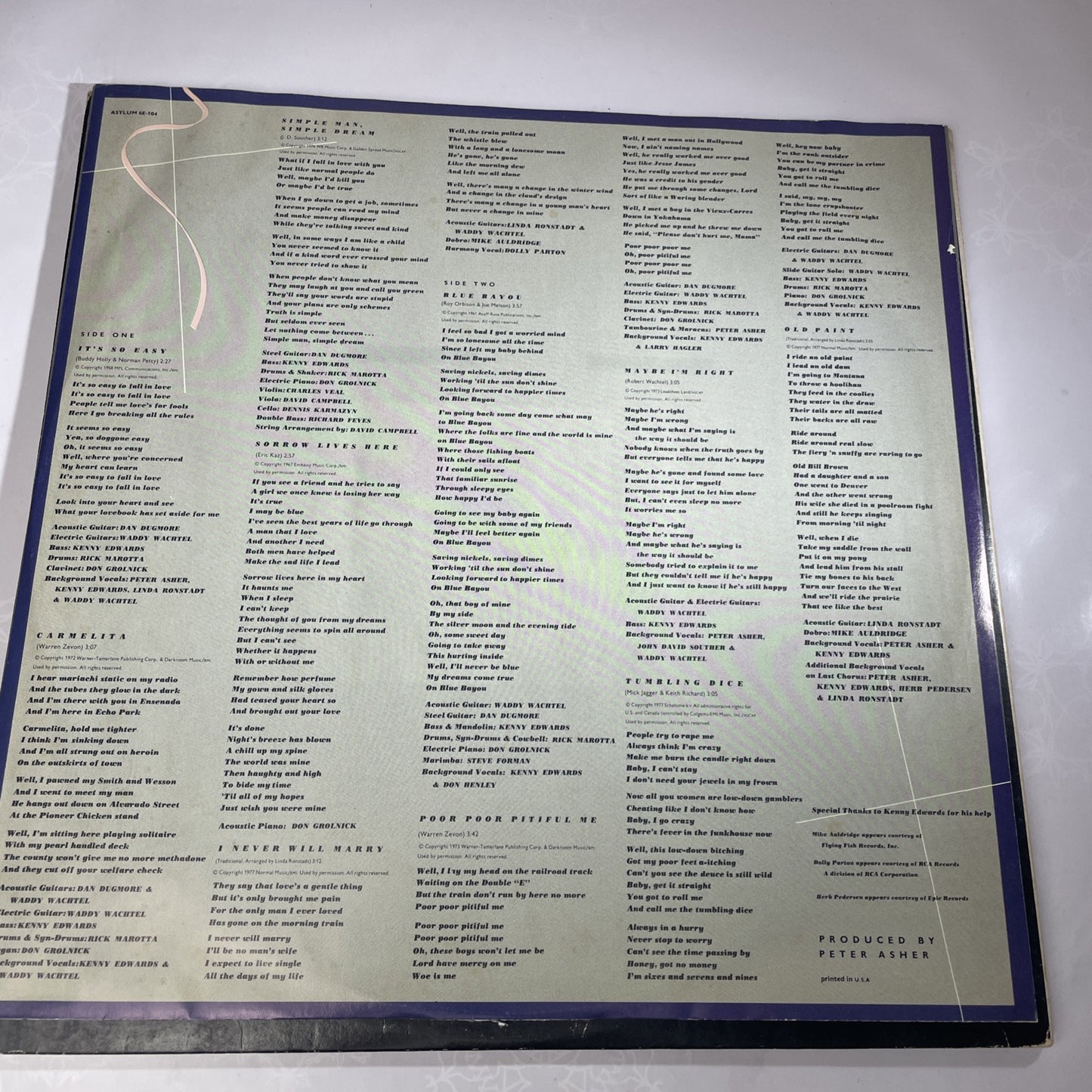 Linda Ronstadt Hasten Down The Wind Vinyl Record LP Asylum Records 7E-1072B
