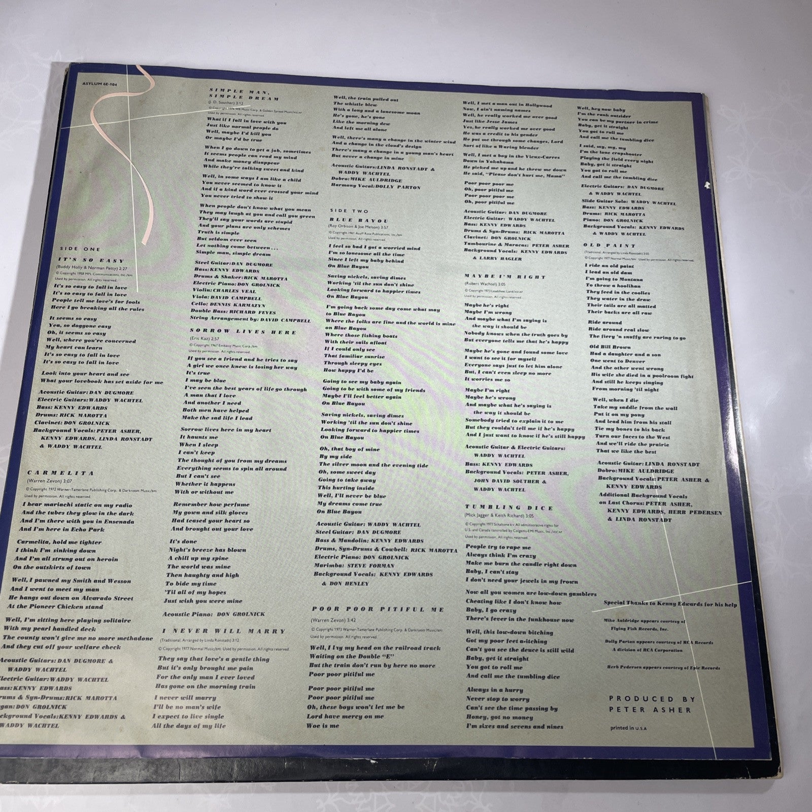 Linda Ronstadt Hasten Down The Wind Vinyl Record LP Asylum Records 7E-1072B
