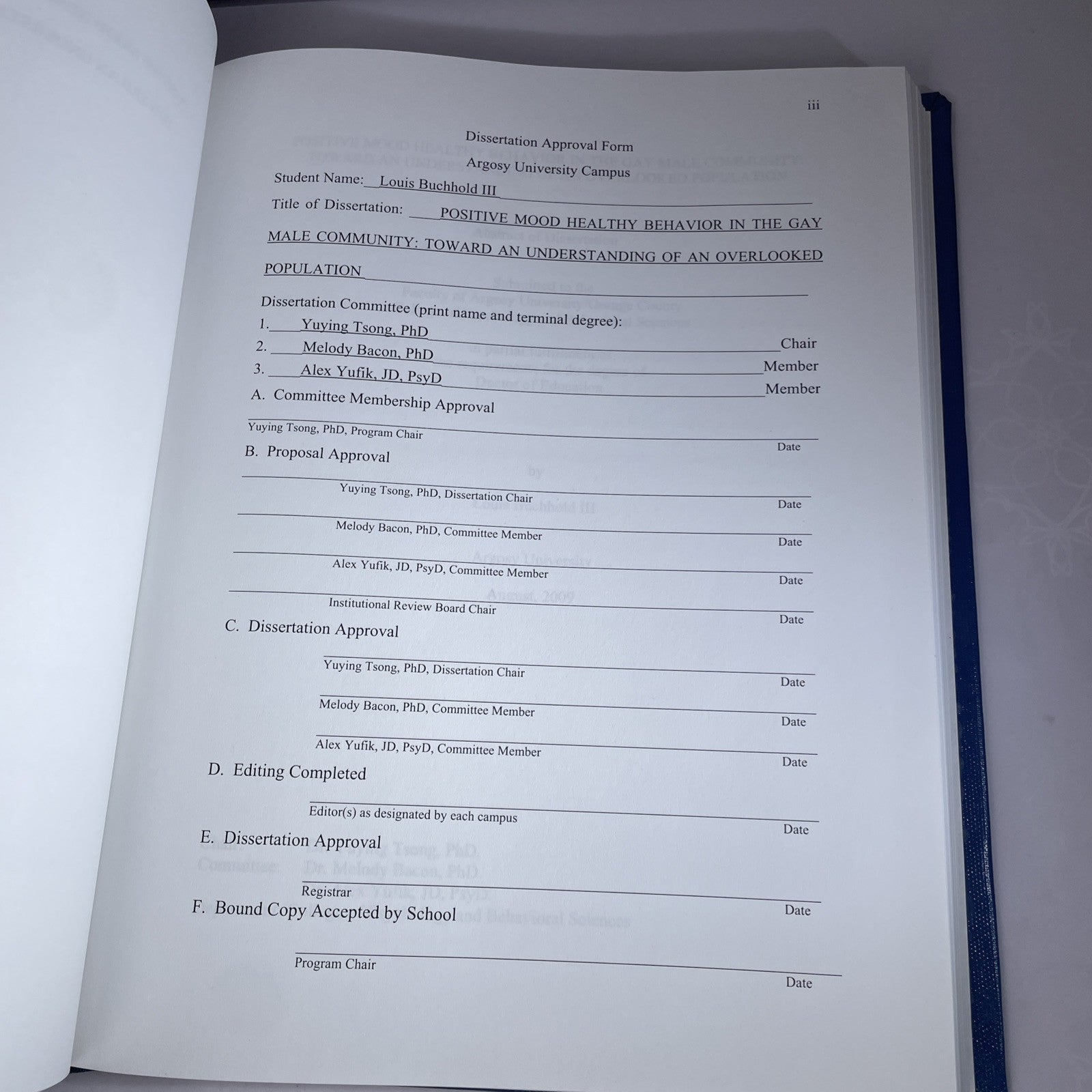 Dissertation Book 2009 Argosy California College Healthy Behavior Gay Male Study